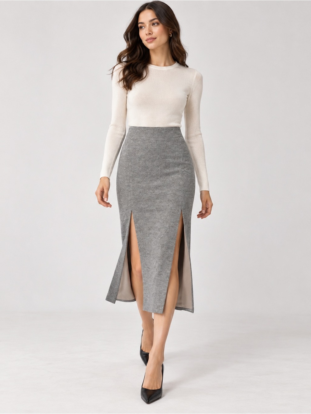 Wes Gordon Gray Wool Cashmere Double Slit Midi Pencil Skirt Size 2